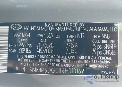 2024 Hyundai Santa Fe Xrt из США, поврежденный, VIN 5NMP3DGL8RH010169